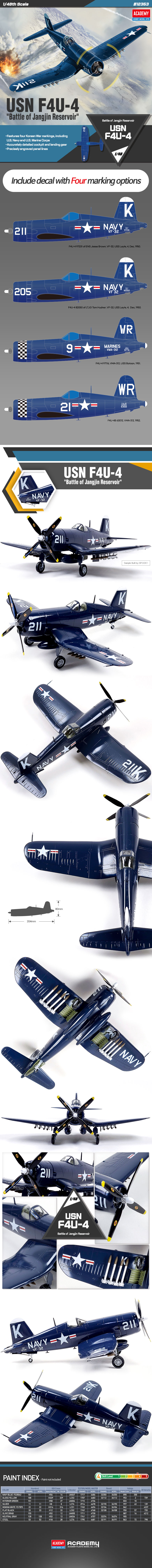 Kit Modellino Aereo F4U-4 Corsair 1/48 Academy - Guerra Di Corea, Con 4 Marche, Da Montare E Dipingere
