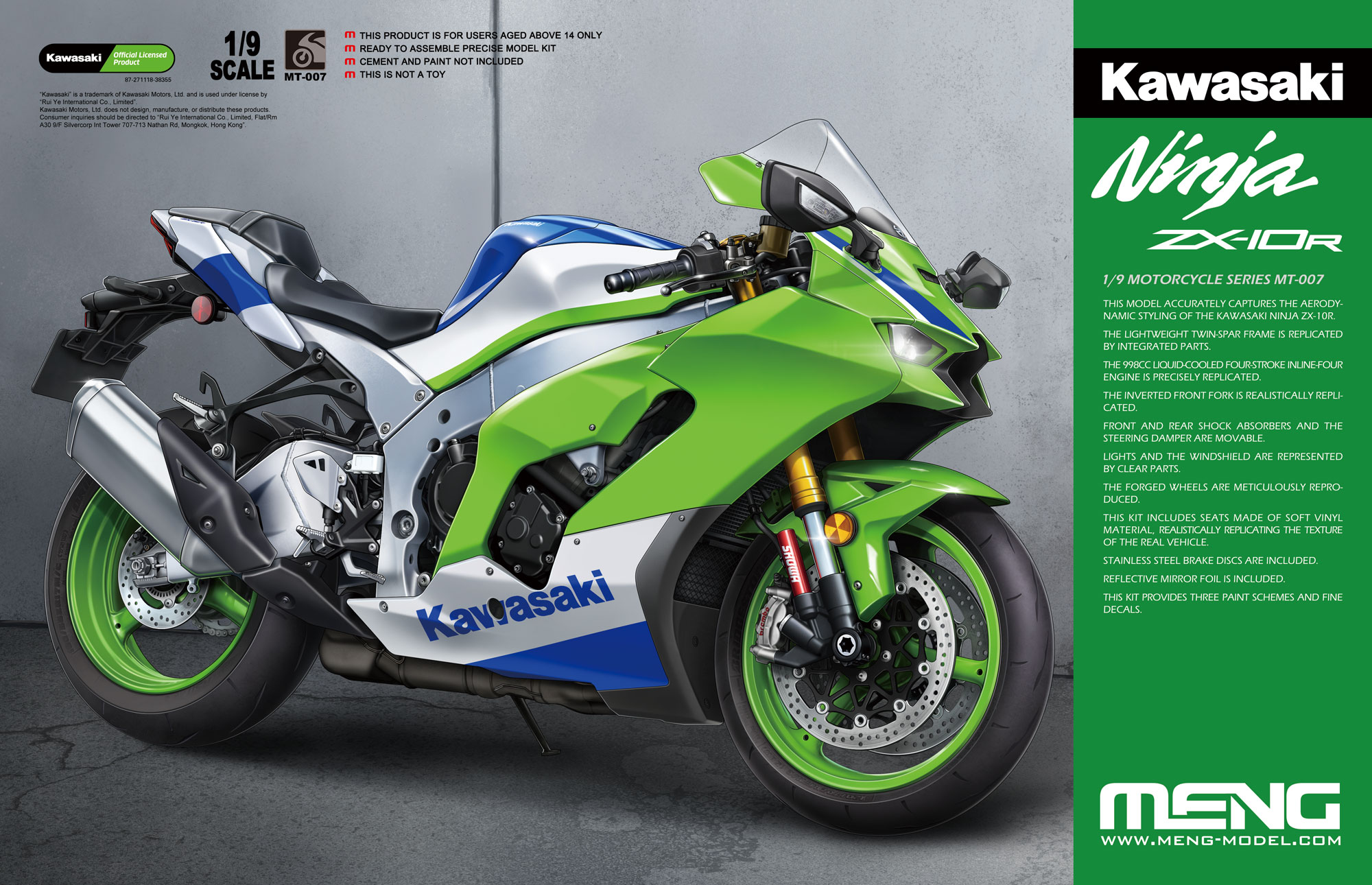メイ MENG 1:9 Kawasaki Ninja ZX-10R Superbike Motorfiets Modelbouwpakket