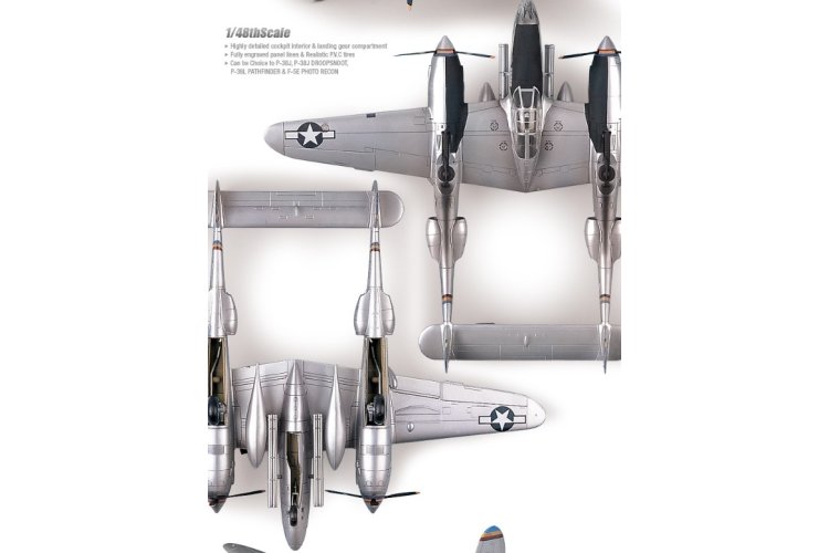 1:48 Academy 12282 Lockheed P-38 Lightning WWII - P-38J, Droopsnoot, P-38L, F-5E - Amerikaans Propellervliegtuig - Aca12282 4 - ACA12282