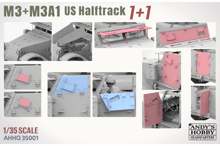 1:35 Andys Hobby Headquarters 35001 M3 / M3A1 Halftrack WWII - 2 Amerikaanse Voertuigen en 2 Figuren - Ahhq35001 5 - AHHQ35001