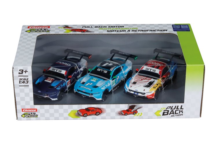 1:43 Carrera Pull and Speed - Ford Mustang GT3 - Pull-Back 3 Pack - Car15813033 6x - CAR15813033