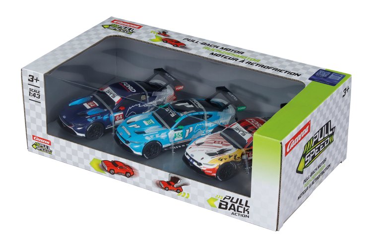 1:43 Carrera Pull and Speed - Ford Mustang GT3 - Pull-Back 3 Pack - Car15813033 7x - CAR15813033