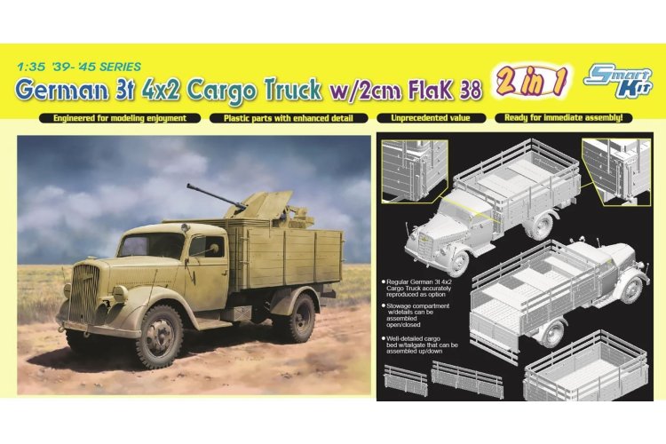 1:35 Dragon 6828 Opel Blitz - German 3t 4x2 Cargo Truck w/2cm FlaK 38 - 2 Build Options - Drg6828 1 - DRG6828