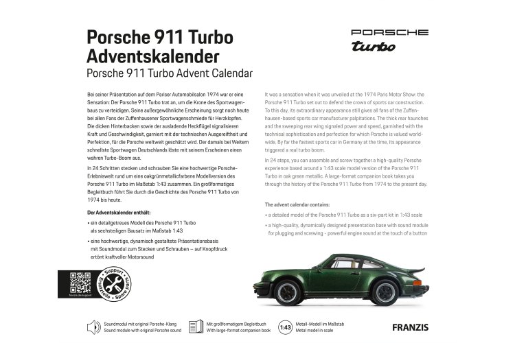 1:43 Franzis 67233 Porsche 911 Turbo - Groen Metallic - Sport Auto - Adventskalender met Geluid - Fr67233 9 2 143 franzis 67233 porsche 911 turbo green metallic sports car advent calendar with sound - FR67233-9