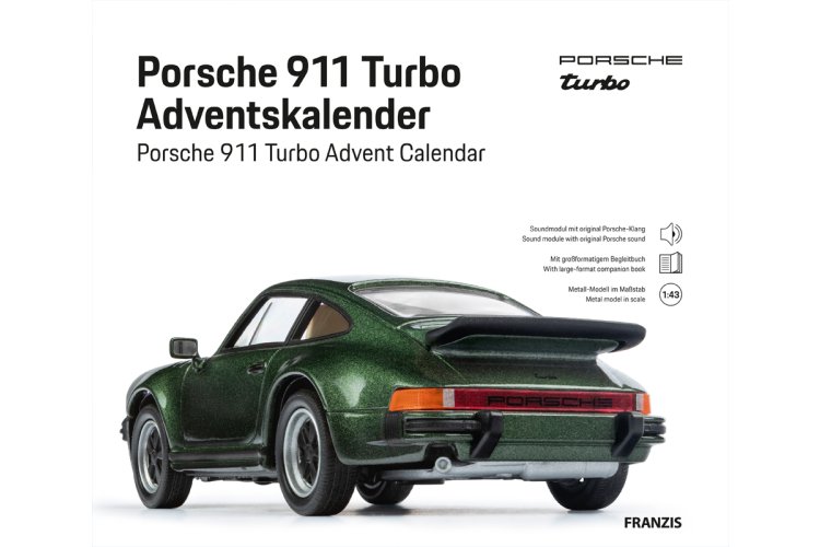 1:43 Franzis 67233 Porsche 911 Turbo - Groen Metallic - Sport Auto - Adventskalender met Geluid - Fr67233 9 20 143 franzis 67233 porsche 911 turbo green metallic sports car advent calendar with sound - FR67233-9