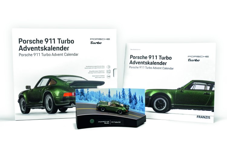 1:43 Franzis 67233 Porsche 911 Turbo - Groen Metallic - Sport Auto - Adventskalender met Geluid - Fr67233 9 3 143 franzis 67233 porsche 911 turbo green metallic sports car advent calendar with sound - FR67233-9