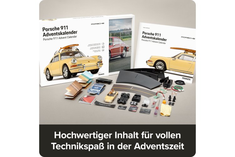 1:43 Franzis 67263 Porsche 911 met Surfplank - Champagnegeel - Adventskalender met Geluid - Fr67263 18 - FR67263