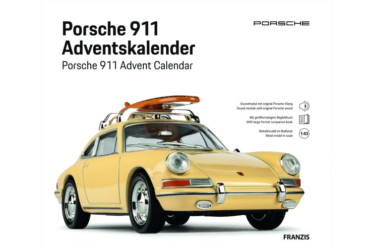1:43 Franzis 67263 Porsche 911 met Surfplank - Champagnegeel - Adventskalender met Geluid - Fr67263 2 - FR67263
