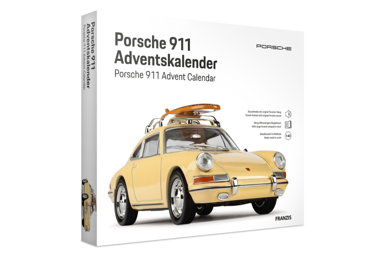 1:43 Franzis 67263 Porsche 911 met Surfplank - Champagnegeel - Adventskalender met Geluid - Fr67263 3 - FR67263