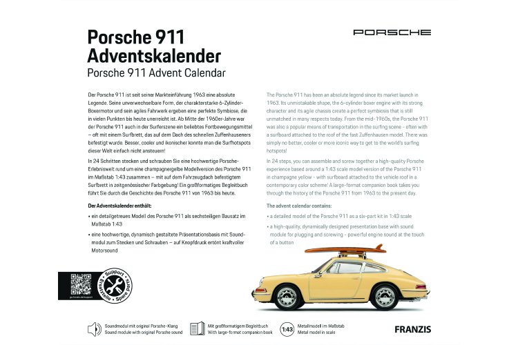 1:43 Franzis 67263 Porsche 911 met Surfplank - Champagnegeel - Adventskalender met Geluid - Fr67263 4 - FR67263