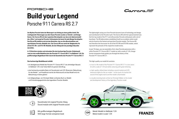 1:24 Franzis 67267 Build your Legend - Porsche 911 Carrera RS 2.7 - Geluid en LED-verlichting - Fr67267 5 - FR67267