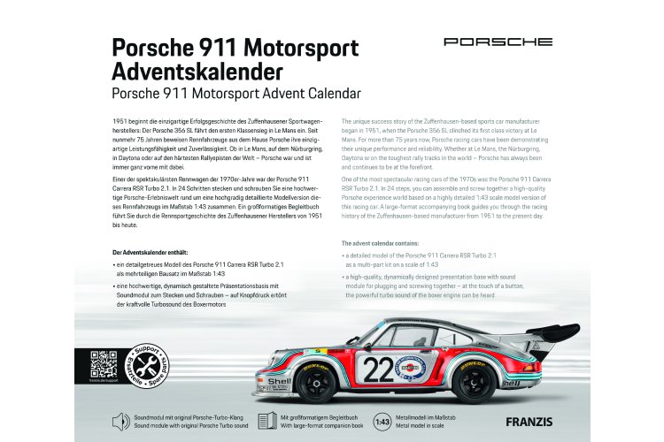1:43 Franzis 67275 Porsche 911 Motorsport - Carrera RSR Turbo 2.1 - Advent Calendar with Sound - Fr67275 4 - FR67275
