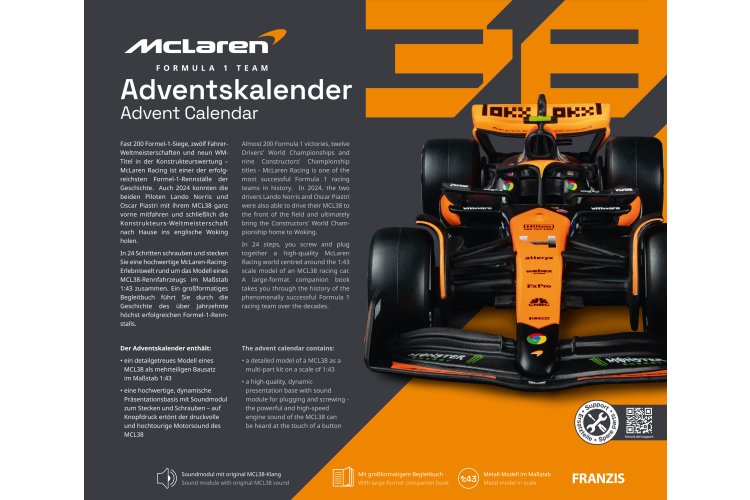 1:43 Franzis 67391 McLaren MCL38 - Formula 1 - Lando Norris No.4 - Advent Calendar with Sound - Fr67391 6 3 143 franzis 67391 mclaren mcl38 formule 1 lando norris no4 adventskalender met geluid - FR67391-6