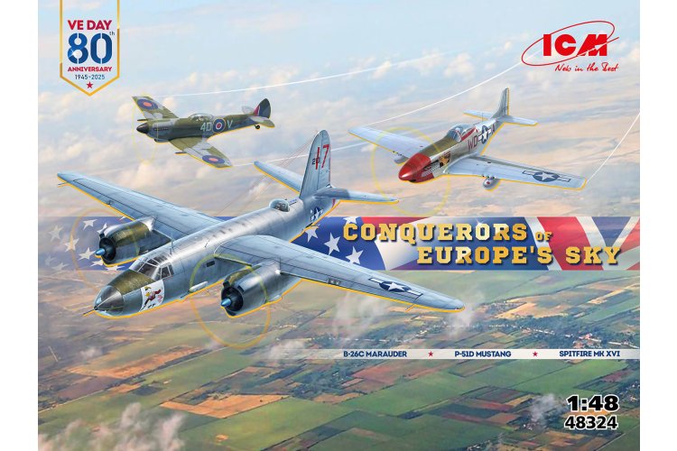 1:48 ICM 48324 Conquerors of Europe's Sky - B-26C Marauder - P-51D Mustang - Spitfire MK XVI - 3-Kits! - Icm48324 1 - ICM48324