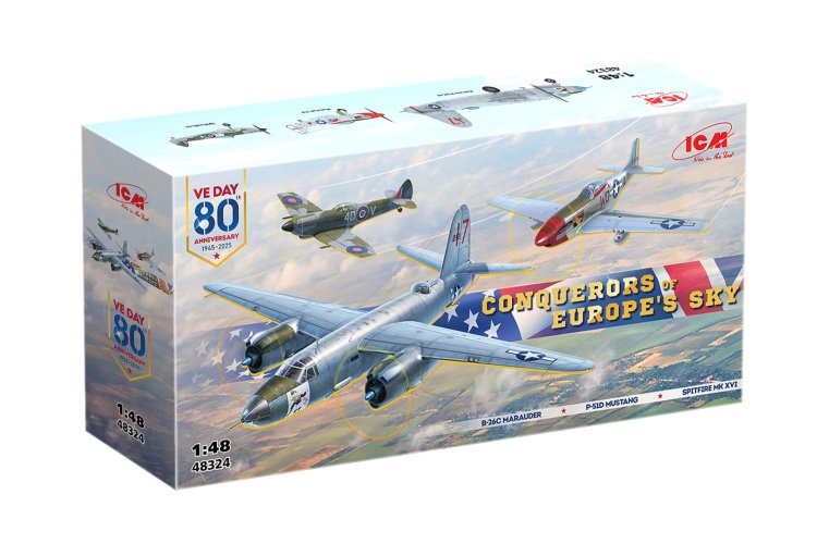 1:48 ICM 48324 Conquerors of Europe's Sky - B-26C Marauder - P-51D Mustang - Spitfire MK XVI - 3-Kits! - Icm48324 2 - ICM48324