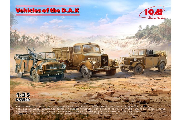 1:35 ICM DS3529 3 D.A.K. Vehicles Set &ndash; L3000s Truck &ndash; Kfz.70 Infantry Vehicle &ndash; Kfz.2 Radio Vehicle - Icmds3529 1 - ICMDS3529