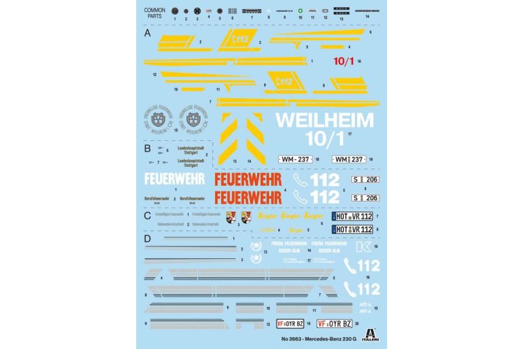 1:24 Italeri 3663 Mercedes Benz G230 Feuerwehr - Ita3663 decals - ITA3663