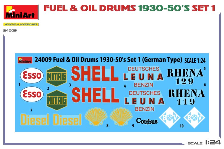 1:24 MiniArt 24009 Brandstof- en Olievaten Set - 1930-50's - Duitse Type - Min24009 2 - MIN24009