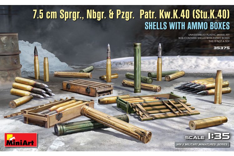 1:35 MiniArt 35375 7.5 cm Sprgr., Nbgr. & Pzgr. Patr. Kw.K.40 (Stu.K.40) Shells w/ Ammo Boxes - Min35375 1 - MIN35375