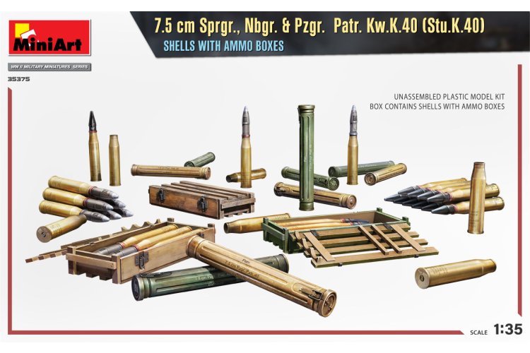 1:35 MiniArt 35375 7.5 cm Sprgr., Nbgr. & Pzgr. Patr. Kw.K.40 (Stu.K.40) Shells w/ Ammo Boxes - Min35375 2 - MIN35375