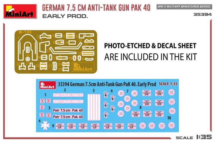 1:35 MiniArt 35394 German 7.5CM Anti-Tank Gun PAK 40. Early Prod. - Min35394 decal pe - MIN35394