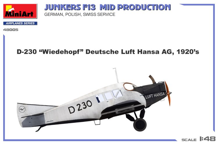 1:48 MiniArt 48005 Junkers F13. Middelste productie - Duitse, Poolse, Zwitserse dienst - Propeller Vliegtuig - Min48005 12 - MIN48005