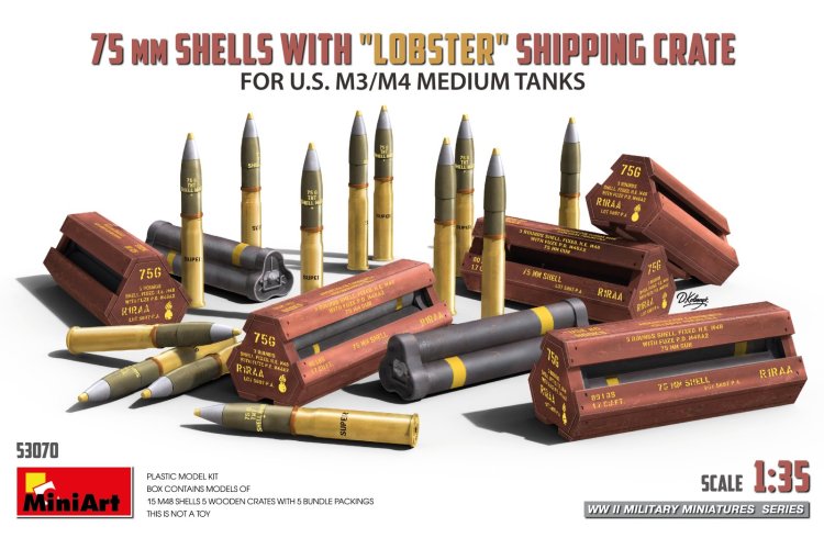 1:35 MiniArt 53070 75 mm M48 Granaten met Lobster Transportkisten voor M3/M4 Tanks - 15 Granaten & 5 Kisten - Min53070 1 - MIN53070