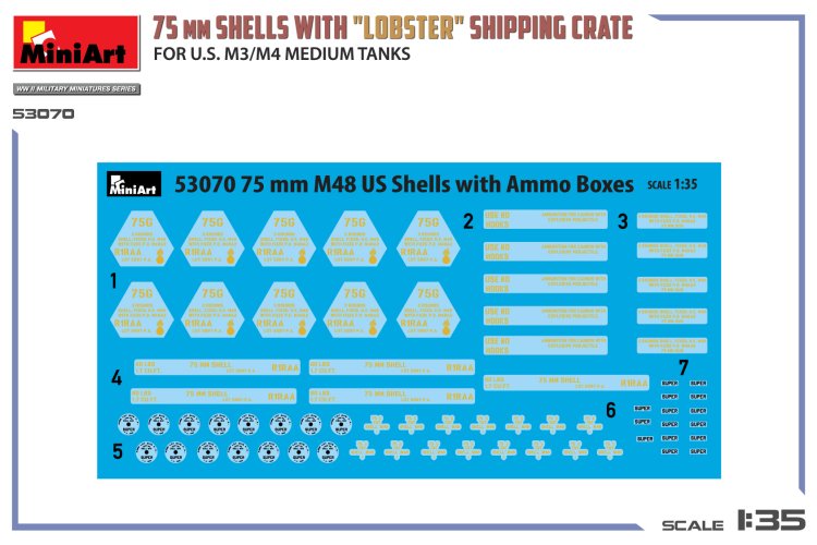 1:35 MiniArt 53070 75 mm M48 Granaten met Lobster Transportkisten voor M3/M4 Tanks - 15 Granaten & 5 Kisten - Min53070 2 - MIN53070