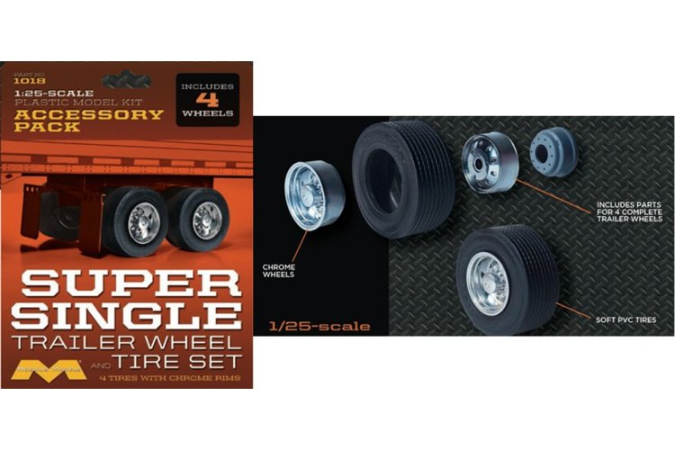 1:25 Moebius 1018 Super Single Trailer Chrome Wheels and Tire Set - 4 pieces - Moe1018 1 - MOE1018