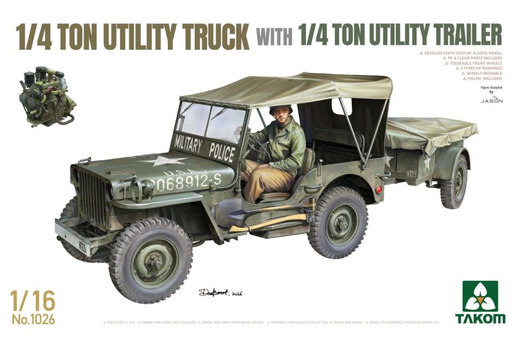 1:16 Takom 1026 1/4 Ton Utility Truck with 1/4 Ton Utility Trailer WWII &ndash; American Military Vehicle - Tak1026 1 - TAK1026