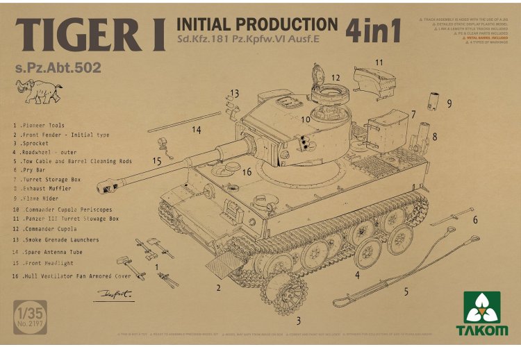 1:35 Takom 2197 Tiger I Initial Production WWII &ndash; 4 Build Options &ndash; s.Pz.Abt.502 &ndash; German Heavy Tank - Tak2197 1 - TAK2197