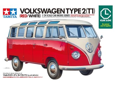 1:24 Tamiya 28101 Volkswagen Type 2 T1 Samba - Rood/Wit - Clic Loc - Duitse Klassieke Bus - Tam28101 1 - TAM28101
