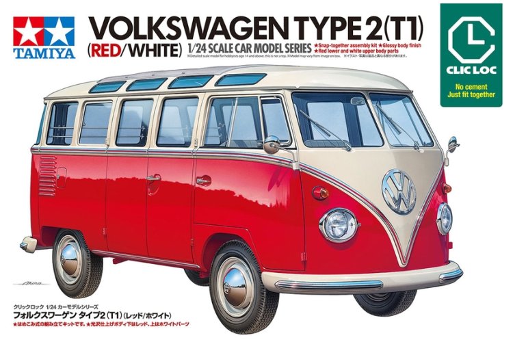 1:24 Tamiya 28101 Volkswagen Type 2 T1 Samba - Rood/Wit - Clic Loc - Duitse Klassieke Bus - Tam28101 1 - TAM28101