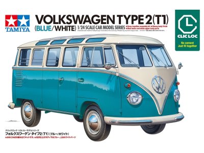 1:24 Tamiya 28102 Volkswagen Type 2 T1 Samba - Blauw/Wit - Clic Loc - Duitse Klassieke Bus - Tam28102 1 - TAM28102