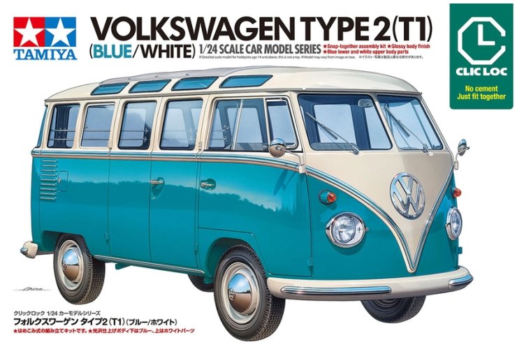1:24 Tamiya 28102 Volkswagen Type 2 T1 Samba - Blauw/Wit - Clic Loc - Duitse Klassieke Bus - Tam28102 1 - TAM28102