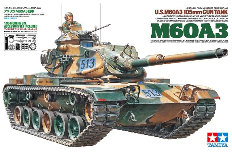 1:35 Tamiya 35140 M60A3 105mm Gun Tank with Modern U.S. Accessory Set and 1 Figure &ndash; American Battle Tank - Tam35140 1 - TAM35140