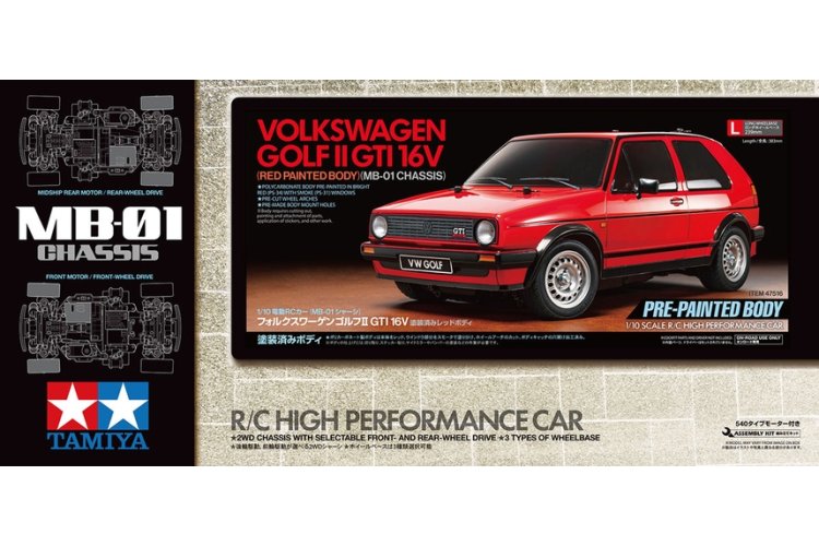 1:10 Tamiya 47516 RC Auto - Volkswagen Golf II GTI 16V - MB-01 - Roodgelakte Carrosserie - Tam47516 1 - TAM47516