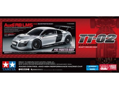 1:10 Tamiya 47517 RC Auto - Audi R8 LMS 2008 - TT02 - Zilvergelakte Carrosserie - Tam47517 1 - TAM47517