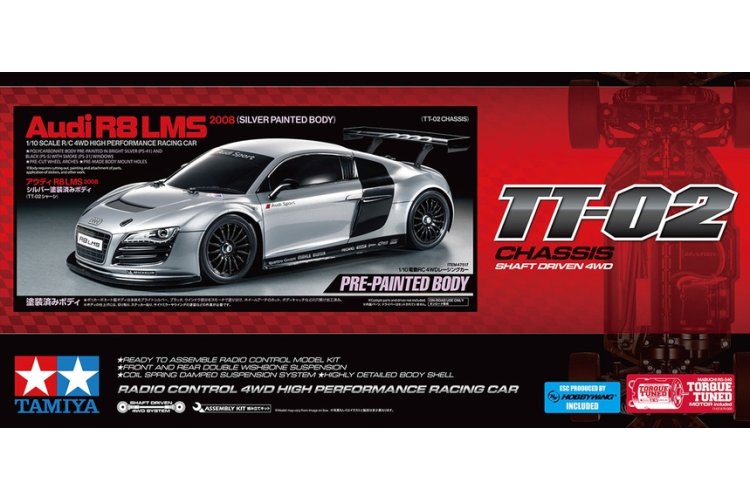 1:10 Tamiya 47517 RC Auto - Audi R8 LMS 2008 - TT02 - Zilvergelakte Carrosserie - Tam47517 1 - TAM47517