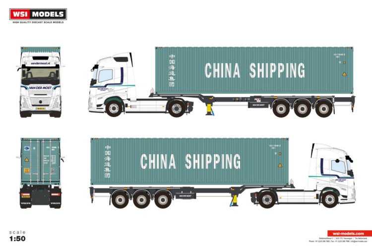 1:50 WSI Models - Van der Most - Volvo FH Aero Globetrotter 4x2 & 3-assige Trailer met 40FT Container - Wsivdmvol 1 - WSIVDMVOL